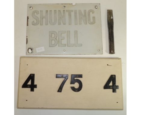 Railway Interest - an enamelled metal sign "Shunting Bell" a metal chisel stamped GWR and a Tunnel board with metal numbers "