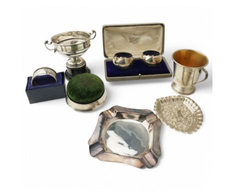 Pair of cased silver serviette rings Sheffield 1937, small silver christening cup with gilt interior, square silver Mappin & 