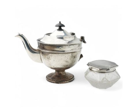 Silver circular teapot on short pedestal foot London 1932 and a glass powder bowl with silver cover Sheffield 1933Condition R