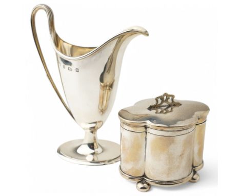Georgian design silver helmet shape cream jug on oval base Birmingham 1902 Maker Elkington & Co and a silver small tea caddy 