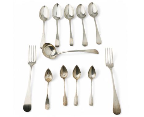 Three Edwardian silver dessert spoons Sheffield 1907, two 19th century dessert spoons, George III silver sauce ladle London 1