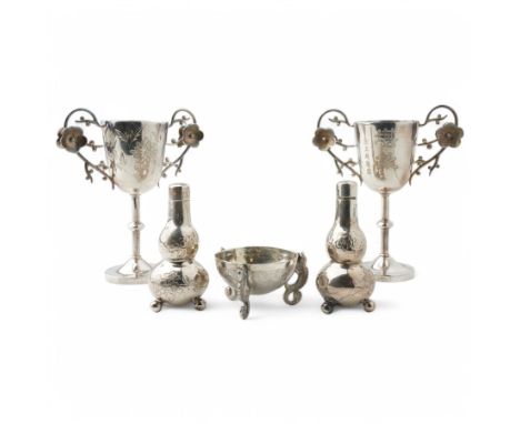 Chinese export silver pair of pepperettes of gourd design with engraved flowers, retailers mark possibly SH H6.5cm salt with 