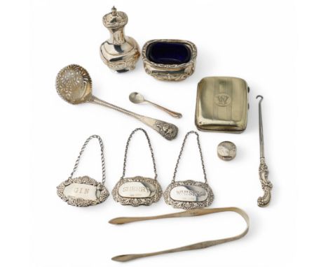 Silver salt and matching pepperette Sheffield and Chester assay 1912, Victorian silver sifting spoon London 1865, silver ciga