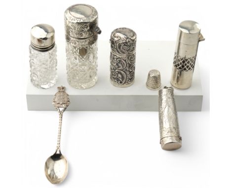 Edwardian embossed silver scent flask Birmingham 1903, two silver mounted flasks, glass and silver atomiser, silver cheroot h