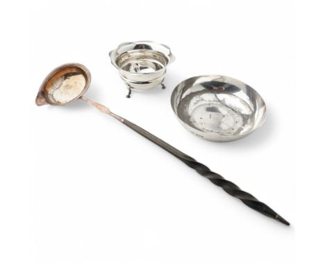 Planished silver bowl D13cm Birmingham 1980, silver sugar bowl with crimped rim Chester 1909 and an early 19th century punch 