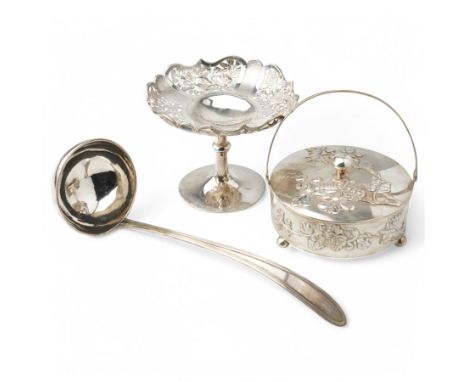 Chinese export silver pedestal sweetmeat dish with pierced border D11cm, silver dish and cover with swing handle and glass li