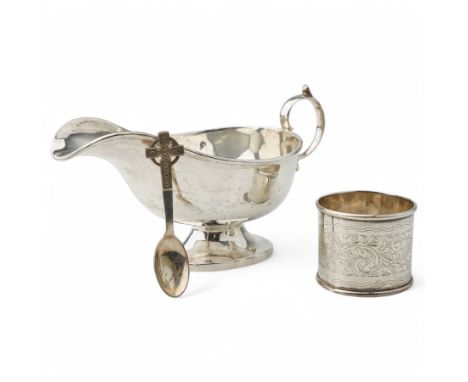 Silver sauce boat with C scroll handle on pedestal foot Sheffield 1927, silver napkin ring and small silver spoonCondition Re