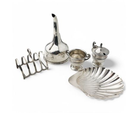 George III silver wine funnel London 1818 Maker William Bateman I, small silver four division toast rack, shell butter dish a
