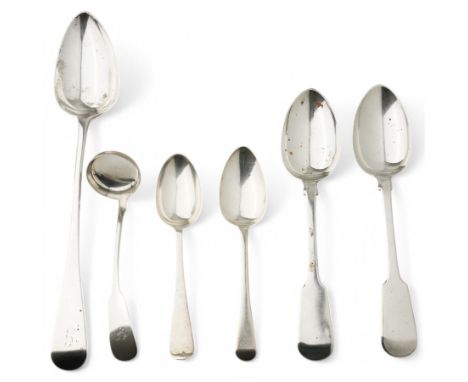 Pair of Victorian silver fiddle pattern table spoons Newcastle 1855 Maker Thomas Sewell I, George III silver basting spoon wi
