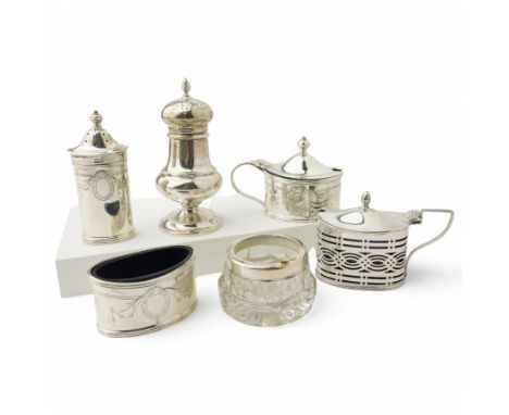 Silver three piece oval condiment set with engraved decoration Birmingham 1961, pierced silver mustard pot Chester 1901, silv