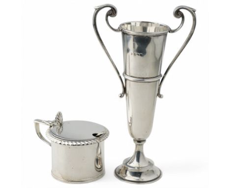 Silver two handled vase of tapering form on circular foot H20cm (weighted base) and a Victorian silver mustard pot with gadro