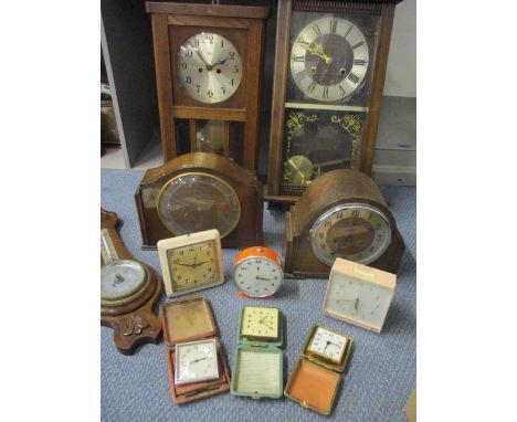 A late 20th century President, mahogany cased wall clock and another, mixed mantle and bedside alarm clocks and a small barom