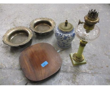 19th century collectables to include a Chinese blue and white lamp, a gilt metal and onyx oil lamp, a pair of silver plated w