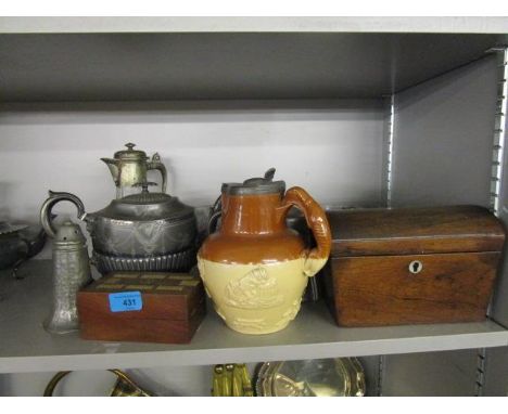 A mixed lot to include a silver plated teapot, two crystal bowls, a tea caddy, a domino box and three trinket boxes with silv