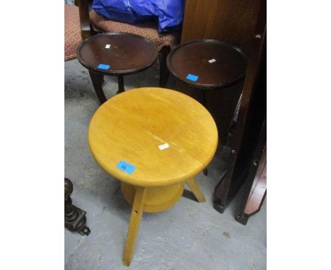 Two mahogany wine tables, together with a light wood swivel stool 