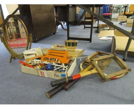 A mixed lot to include a dressing table mirror, vintage tennis rackets, along with part of a Scalextric set 