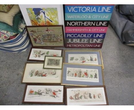 Pictures to include comical scenes of dogs, prints, an abstract watercolour and others 
