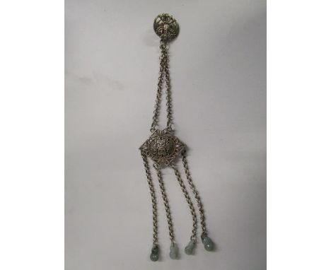 A contemporary Chinese silver plated belt ornament, four double gourd jade drops, suspended on chains from a diamond shaped p