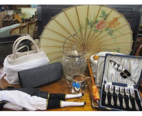 A mixed lot to include a Royal Worcester Evesham tureen, a Pierrot doll, fashion bags, a Chinese parasol, a glass biscuit bar