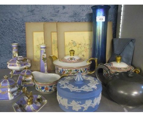 Ceramics to include a Noritake dressing table set, a tea service, Wedgwood, a glass vase, a pewter teapot and prints 