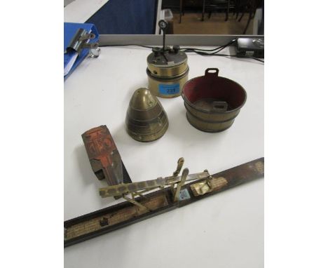 A Georgian mahogany cased and brass guinea scales by Wilkinson Kirby near Liverpool A/F, a Stanley of London brass cased meas