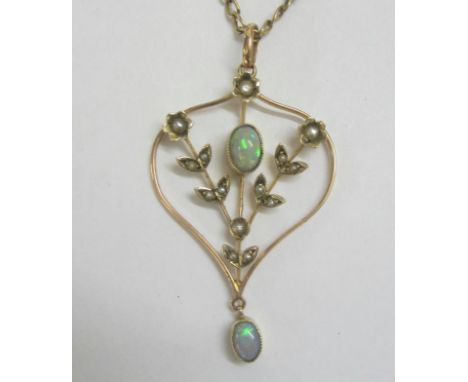 9ct. Gold Art Nouveau Pendant &amp; Chain (necklace) set Opal &amp; Seed Pearl flower heads 