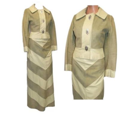 Vintage 1960s Green Suede/Leather Skirt &amp; Matching Jacket, skirt waist approx. 23", jacket approx. 32" bust