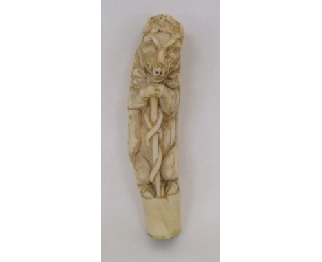 Finely Carved Rare Walking Cane Handle Wild Boar wearing a cloak with walking stick, carrying a satchel, approx. 5" H 