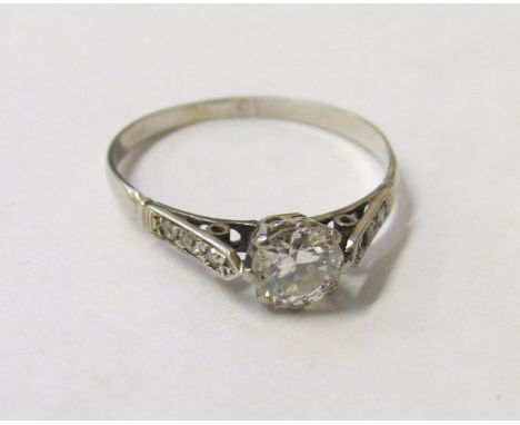 18ct White Gold Diamond Solitaire Ring approx .60 carat. with diamond points set shoulders Size R