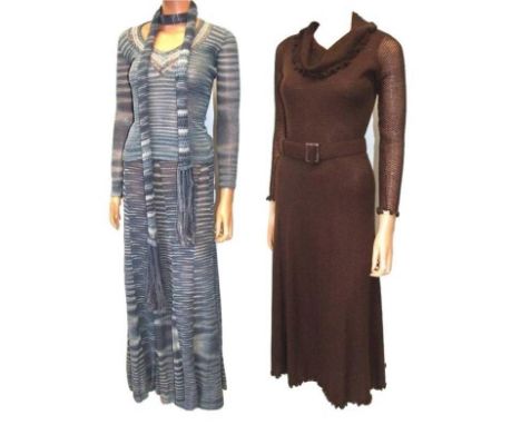 Vintage Hershelle Young Mayfair Brown Knitted Dress with belt &amp; Esther Pearson Blue Knitted Skirt Suit with matching scar