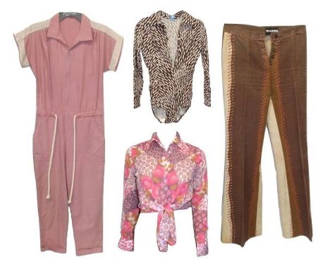 Ladies Vintage Clothing: pair Manor button fly trousers, John Craig pink psychedelic shirt, Gortex brown body suit &amp; pink