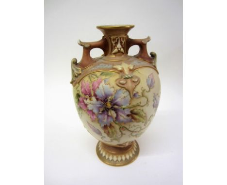 Royal Worcester Vase No. 1654 decorated with exotic flowers &amp; trailing leaves in pink/blue, leaf decorated handles, Reg. 