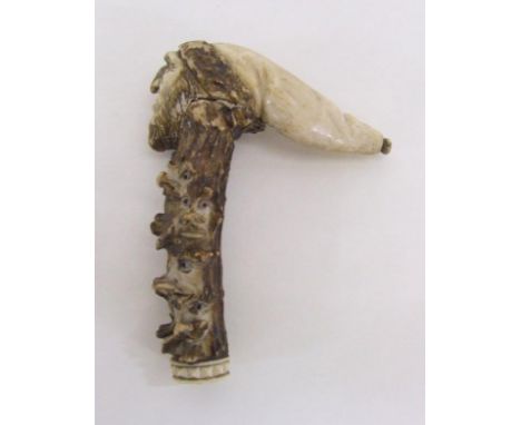 C19th Carved Parasol Handle Bearded Gentleman wearing nightcap formed from naturalistic tree trunk carved with animal heads w