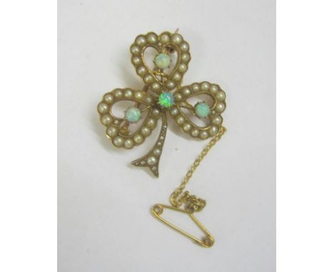 15ct. Gold Seed Pearl &amp; Opal Clover Brooch 