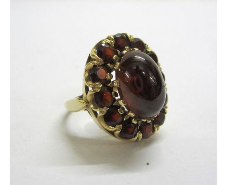 9ct. Gold Garnet? Cabochon Floral Cluster Ring size I 