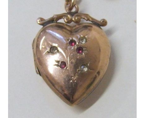 9ct Rose Gold Light Chain &amp; Heart Shaped Pendant Locket set rubies &amp; white stones 