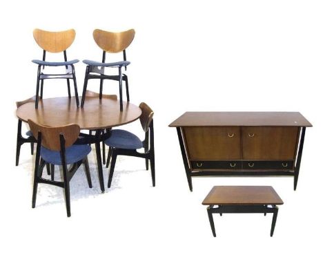 Late 1950s G-Plan Dining Room Suite: Sideboard on shaped flat section ebonised supports, lower section with 2 frieze drawers,