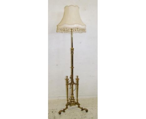 Heavy Quality C19th Brass Rise &amp; Fall Standard Lamp on triangular tapering supports with c-scroll feet, Dutch style hexag