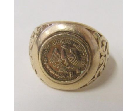 9ct Mexican Gold&nbsp;Gents Ring set 2 Peso, size Q