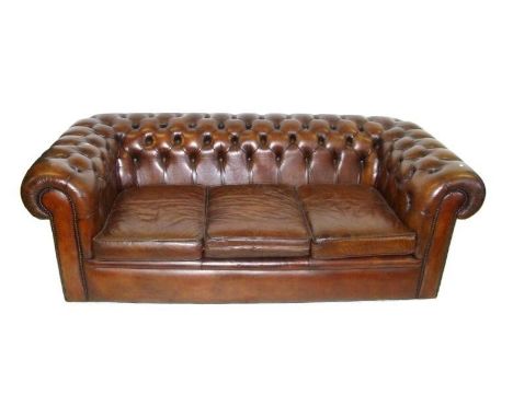 Dark Tan Leather Chesterfield 3 Seater Sofa with buttoned back &amp; arms, squab cushions, close studding