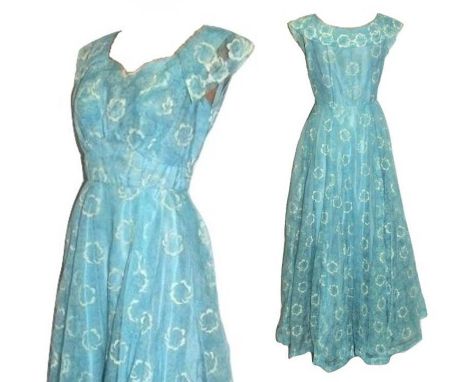 Ladies Vintage 1950s Evening Dress with white flock georgette over pale blue acetate, approx. size 10 