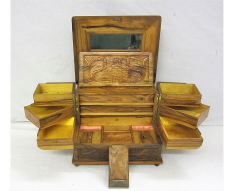 Good Early C20th Olive Wood Jewellery Box, lid carved with grand mosque from Jerusalem, hinged cover with mirror, 2 nests of 