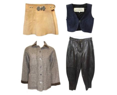 Ladies Vintage Clothing: pair Gladys Falk black leather trousers, beige suede mini skirt with metallic butterfly detail, Caro