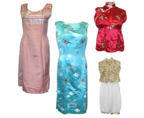 2 Ladies Vintage Dresses: turquoise satin brocade oriental style &amp; pink shantung with brocade decoration, Ladies Cheongsa