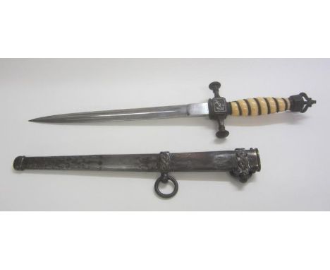 Early C20th German Naval Dagger &amp; Scabbard with twin ring hangers, rope decoration, traces of gilding, ivory handle with 