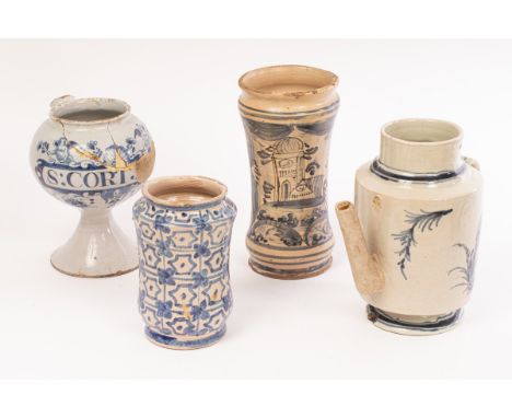 Four pharmacy vessels, 18th Century, comprising a Sicilian Maiolica albarello, probably Caltagirone, cylindrical with a blue 