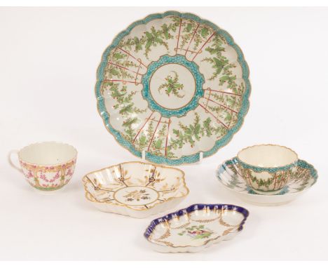 A Worcester Hop Trellis pattern tea bowl, saucer and saucer dish, a teacup, a hexagonal teapot stand and a spoon tray CONDITI