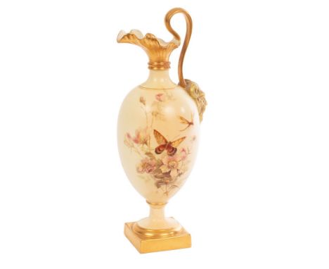 A Royal Worcester blush ivory ewer painted with butterflies and flowers by Edward Raby, shape 1144, 27cm high/see illustratio