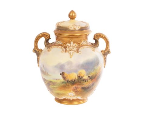 A Royal Worcester two-handled vase and cover painted by Harry Davis, shape 1515, painted with highland sheep, the neck pierce