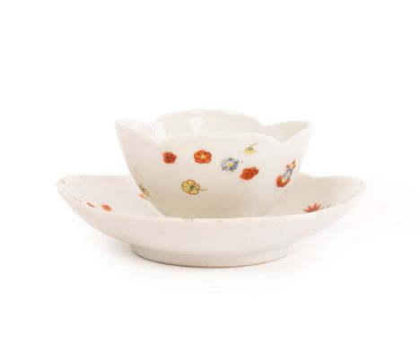 A rare Chinese quatre-lobed tea bowl and saucer, Kangxi or Yongzheng, circa 1725-30, made as a copy of Meissen with Kakiemon 